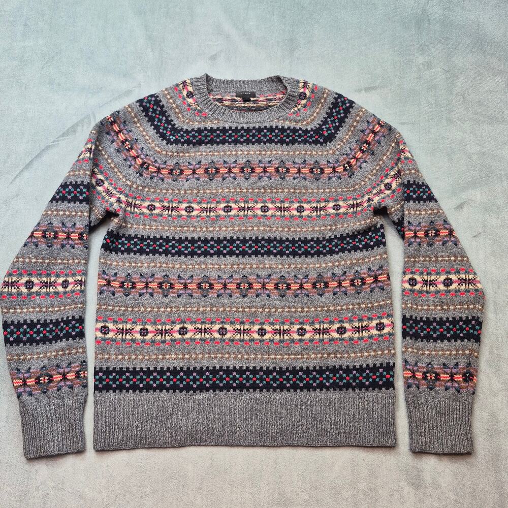 J. CREW Sweater Mens S Fair Isle Gray 100% Lambs Wool Crewneck Pullover Unisex